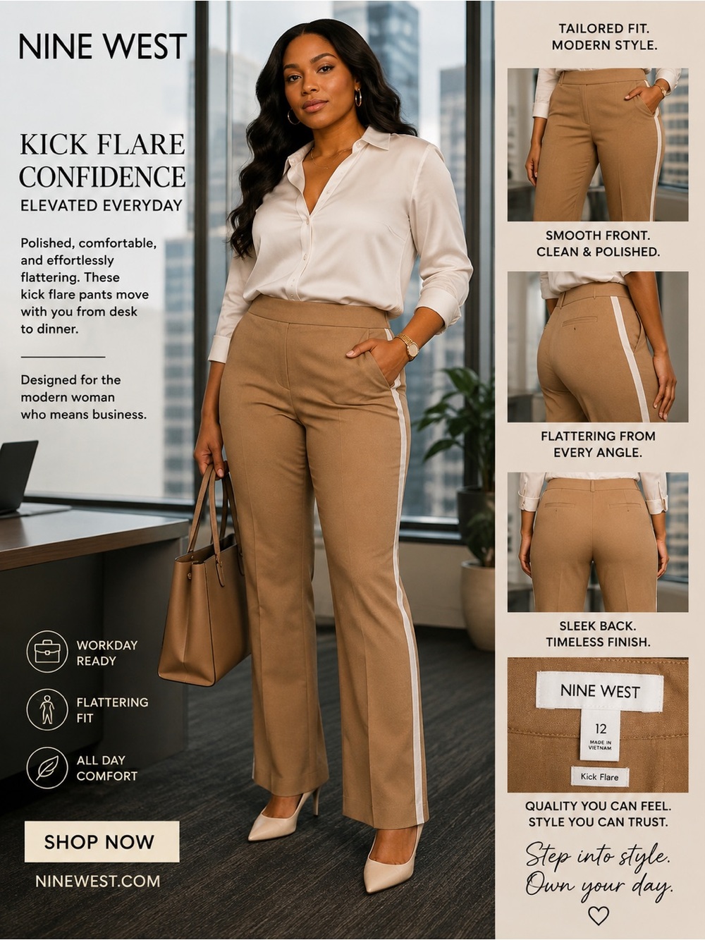 Nine West Tan Kick Flare Pants with White Side Stripe